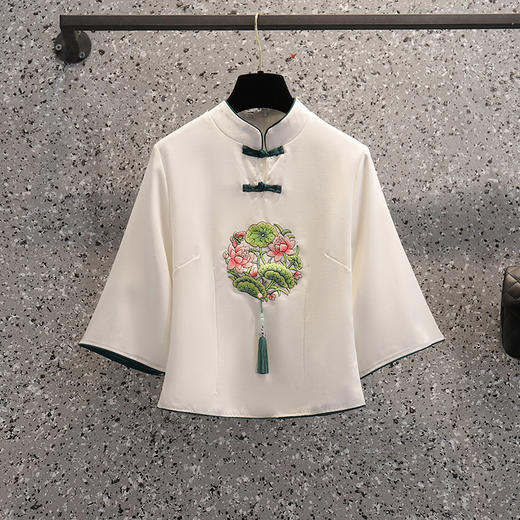 YBQG-2139民国风唐装女装改良旗袍采耳服禅意年轻款茶艺师服上衣中袖套装女 商品图8