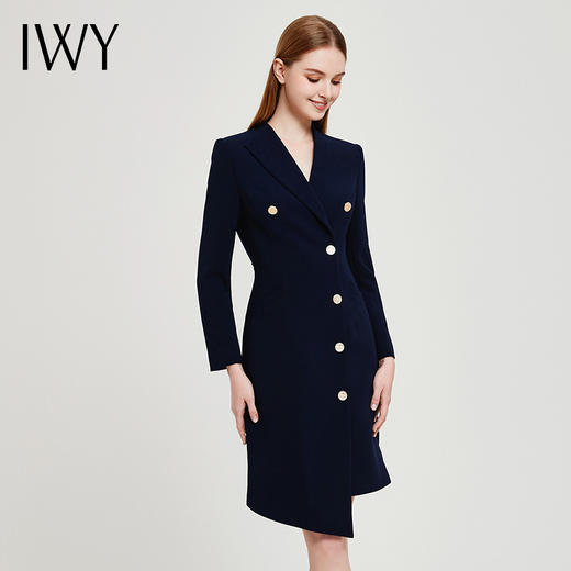 IWY春夏季新款藏青色职业通勤连衣裙女西装领美容院工作服裙子Q13107藏青色 商品图2