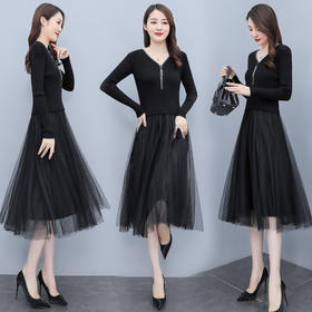 XS-93378 连衣裙女2023春季新款女装韩版收腰弹性大码针织V领网纱连衣裙女