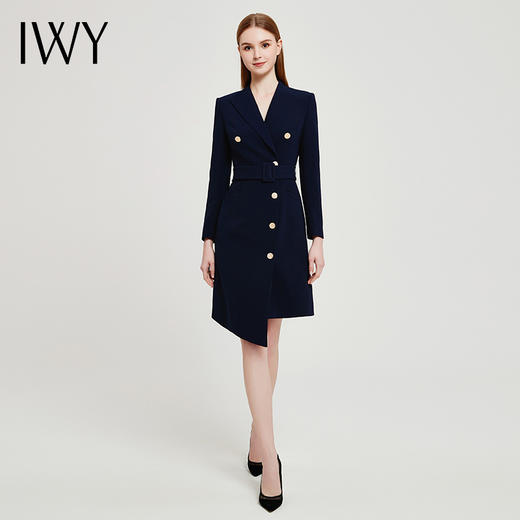 IWY春夏季新款藏青色职业通勤连衣裙女西装领美容院工作服裙子Q13107藏青色 商品图4