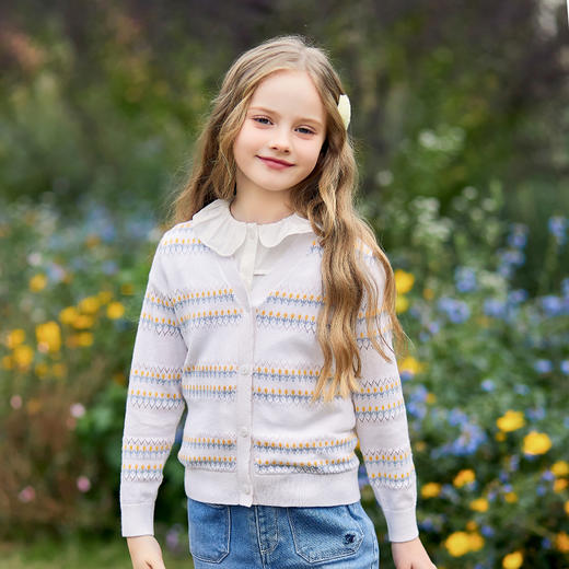 mettekids女童毛衣儿童秋冬新款条纹打底衫中大童洋气V领针织开衫 商品图1