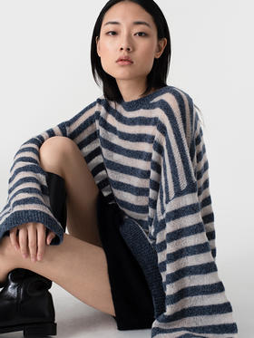 322工房新意短毛绒羊毛圈圈纱条纹针织2023春夏宽松休闲毛衣B012