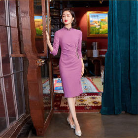 OY-21785精品女装改良旗袍礼服气质年轻款手工订珠连衣裙女春季21785