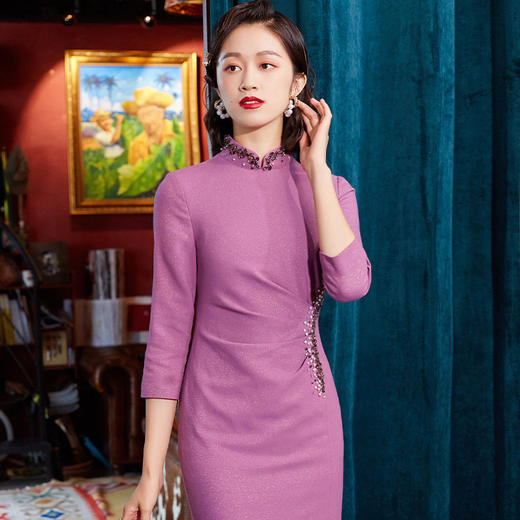 OY-21785精品女装改良旗袍礼服气质年轻款手工订珠连衣裙女春季21785 商品图4