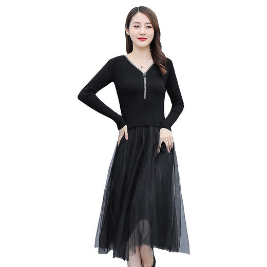 XS-93378 连衣裙女2023春季新款女装韩版收腰弹性大码针织V领网纱连衣裙女 商品图4