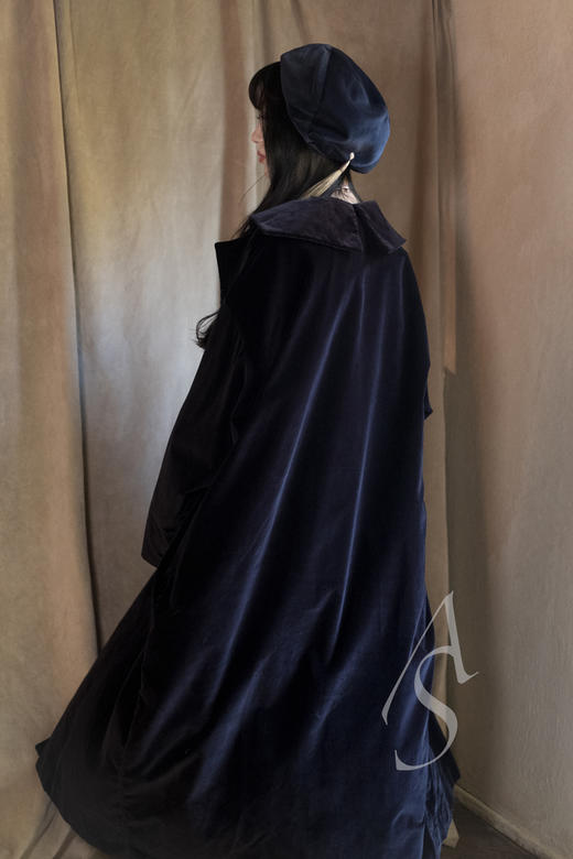 Daniela Gregis  金茶色/薄粉色/深蓝色翻领丝绒长外套 商品图11