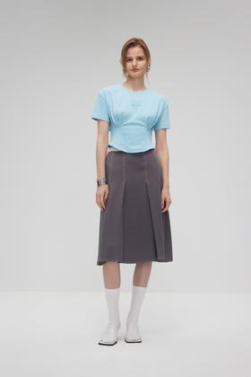 腰贴撞色中长百褶裙