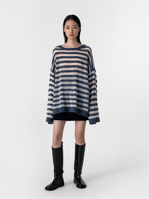 322工房新意短毛绒羊毛圈圈纱条纹针织2023春夏宽松休闲毛衣B012 商品图1