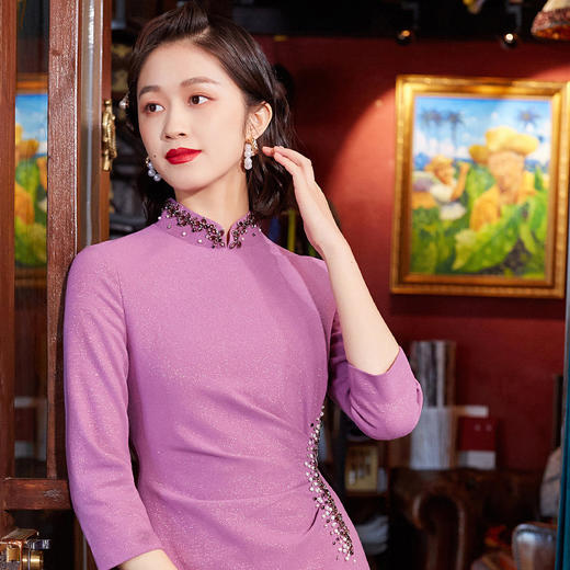 OY-21785精品女装改良旗袍礼服气质年轻款手工订珠连衣裙女春季21785 商品图3