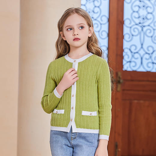 mettekids女童针织开衫儿童秋冬新款撞色拼接打底衫中大儿童毛衣 商品图2