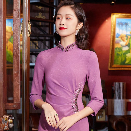 OY-21785精品女装改良旗袍礼服气质年轻款手工订珠连衣裙女春季21785 商品图2