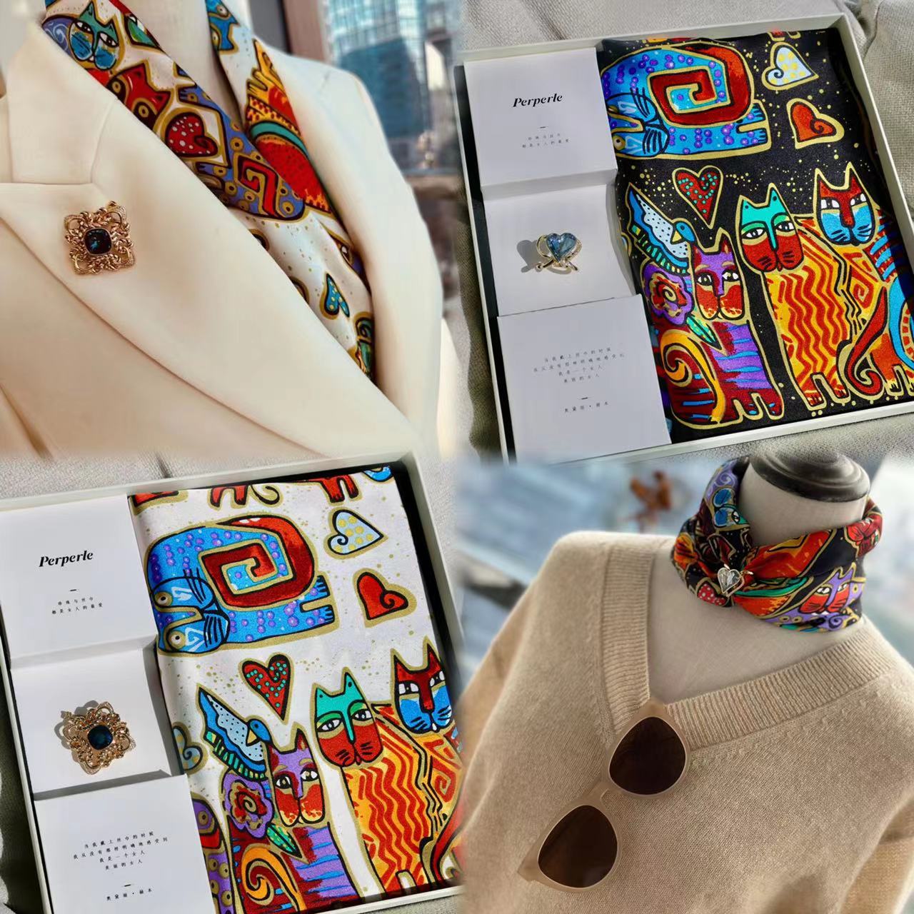 积分兑换【甄珠贝】招财猫丝巾和施华洛世奇水晶丝巾扣礼盒套装