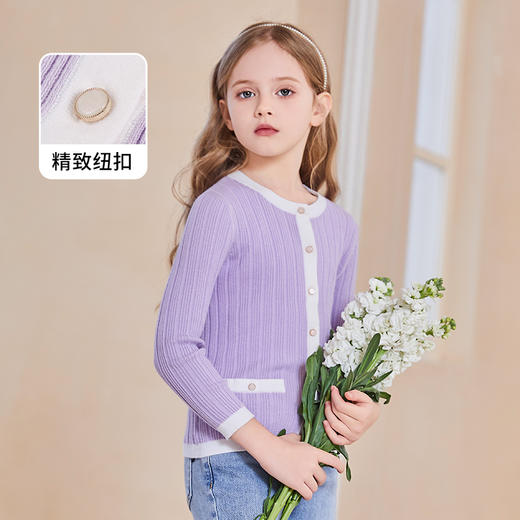 mettekids女童针织开衫儿童秋冬新款撞色拼接打底衫中大儿童毛衣 商品图3