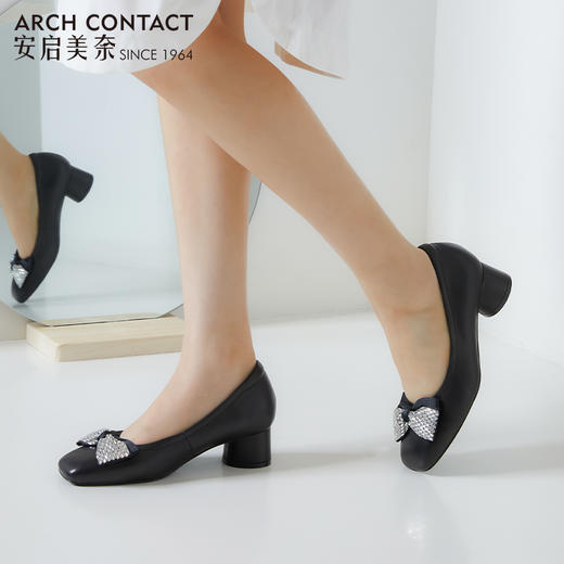 安启美奈方头蝴蝶结单鞋|4.5cm跟高，全羊皮制，舒适透气 商品图0