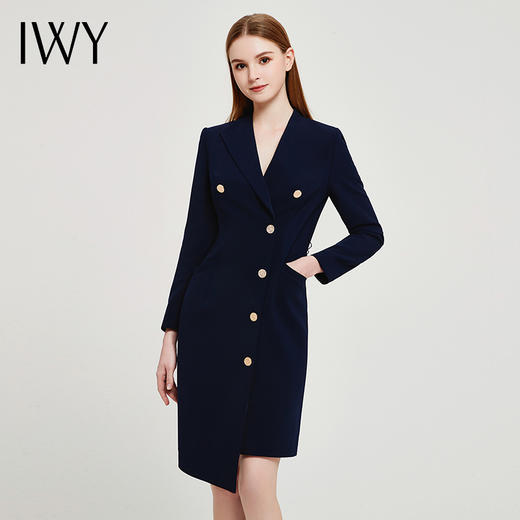 IWY春夏季新款藏青色职业通勤连衣裙女西装领美容院工作服裙子Q13107藏青色 商品图1