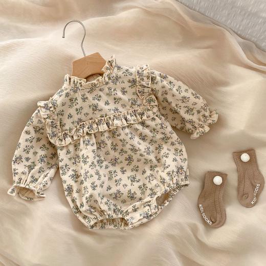 ins 2023春装女宝宝婴幼儿童碎花木耳领哈衣长袖连体衣三角爬服 商品图1