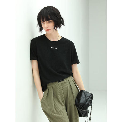 COCOBELLA质感肌理时尚针织字母短袖T恤女舒适半袖上衣TS623 商品图4