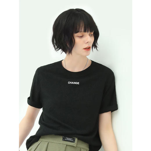 COCOBELLA质感肌理时尚针织字母短袖T恤女舒适半袖上衣TS623 商品图1