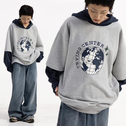 CryingCenter Street宽松假两件地球卫衣 花灰藏青拼接 哭喊中心 商品图1