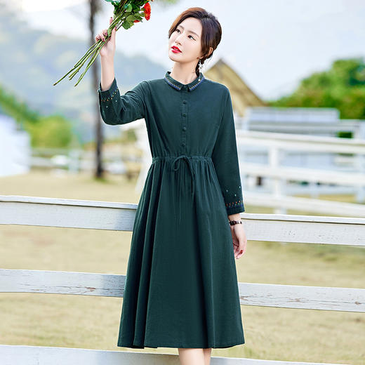 时尚简约休闲气质小翻领棉麻文艺刺绣长袖连衣裙HR-WN22169 商品图7