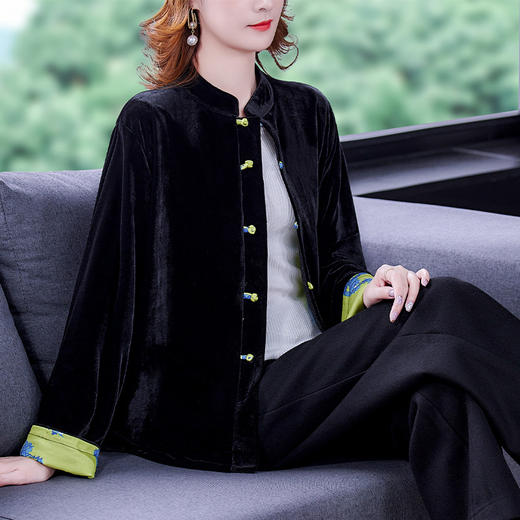 盘扣唐装印花翻袖气质上衣，真丝丝绒外套AHM-mmj0717 商品图0