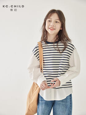 [屁侠推荐]棵初童装 春装新款 儿童假两件 条纹拼接衬衫 男女童宽松休闲上衣