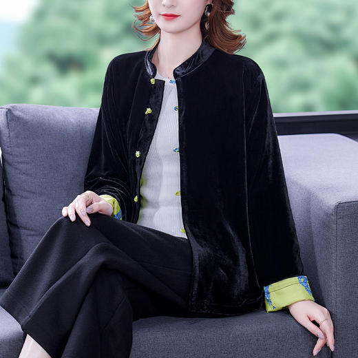 盘扣唐装印花翻袖气质上衣，真丝丝绒外套AHM-mmj0717 商品图1