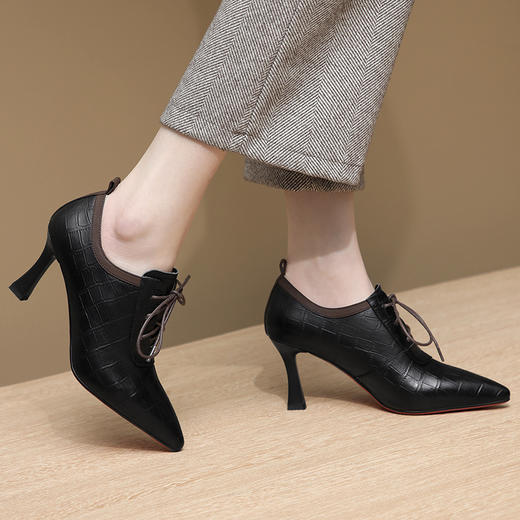 尖头细跟高跟系带深口黑色气质女士高跟鞋GLS512 商品图2