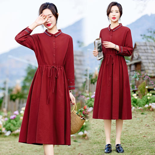 时尚简约休闲气质小翻领棉麻文艺刺绣长袖连衣裙HR-WN22169 商品图5