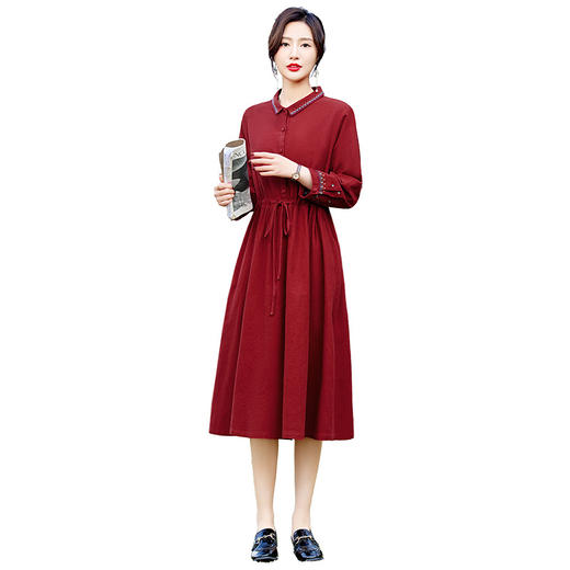 时尚简约休闲气质小翻领棉麻文艺刺绣长袖连衣裙HR-WN22169 商品图4