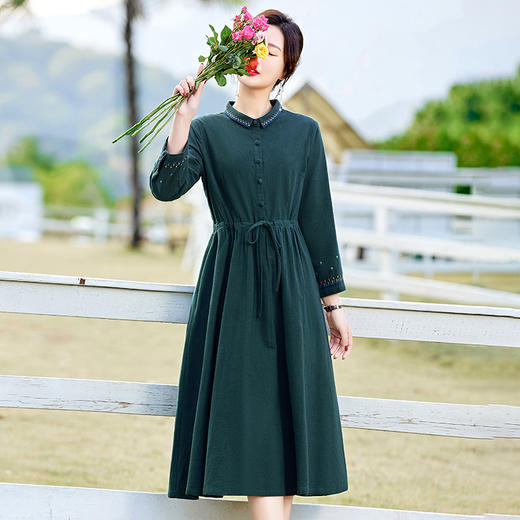 时尚简约休闲气质小翻领棉麻文艺刺绣长袖连衣裙HR-WN22169 商品图2
