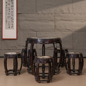 清 红木镶云石鱼门洞鼓墩形圆台圆凳成套（一桌五凳）