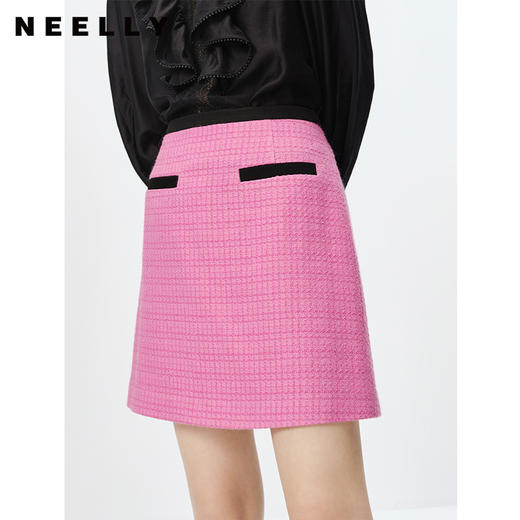 NEELLY纳俪商场同款2023春季新款高腰半身裙女撞色A字裙短裙时尚N23021E01063 商品图3