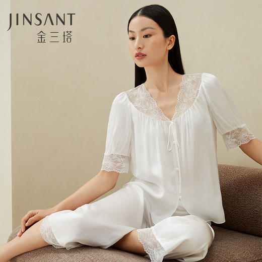 金三塔真丝睡衣蕾丝相拼睡衣100%桑蚕丝时尚家居服套装女春夏  YSFDA207 商品图0
