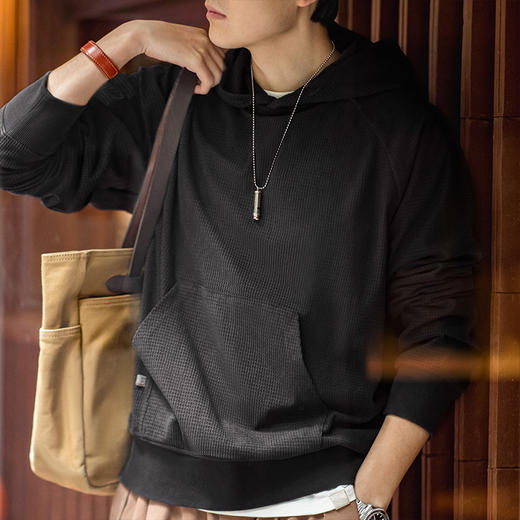工装优选 美式复古玉米粒刺绣连帽卫衣绒感百搭纯色套头衫上衣男春 商品图4