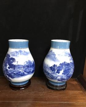 青花山水山乡春早福筒