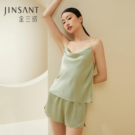 金三塔重磅真丝性感荡领吊带短裤100%桑蚕丝睡衣女丝绸纯欲风新品  YSFDA401 商品图0