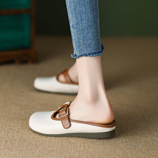 文艺个性，真皮撞色平底拖鞋LDKG-S5134 商品图4