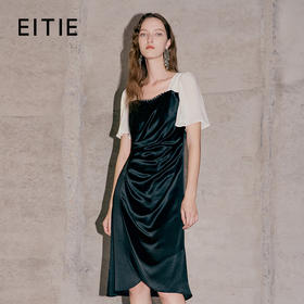 EITIE爱特爱春夏新款时尚气质方领收腰撞色显瘦连衣裙7307027
