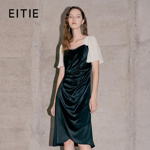 EITIE爱特爱春夏新款时尚气质方领收腰撞色显瘦连衣裙7307027 商品图0
