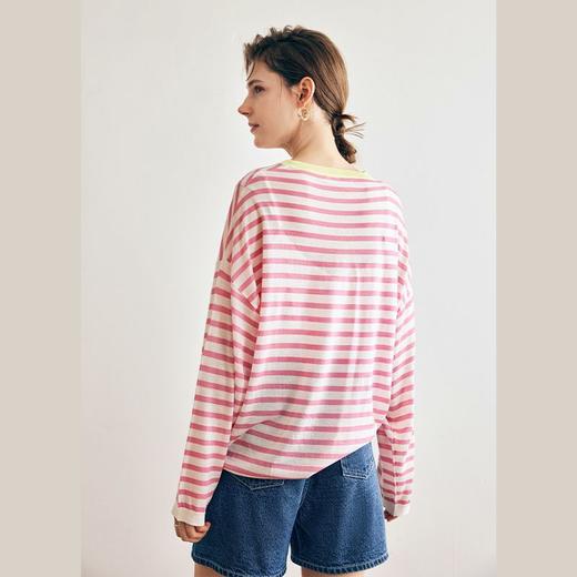 OLrain欧芮儿法式粉色条纹针织衫女早春2023新款宽松慵懒休闲上衣 商品图2