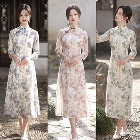 天丝提花长款奥黛旗袍裙，春夏新款时尚改良年轻少女款素雅奥黛HYM-23402