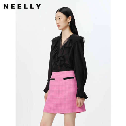NEELLY纳俪商场同款2023春季新款高腰半身裙女撞色A字裙短裙时尚N23021E01063 商品图2
