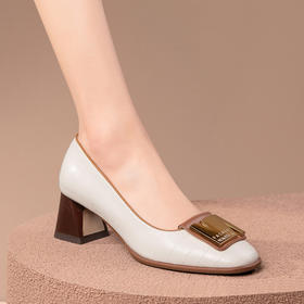 通勤百搭，金属拼色压花牛皮复古烤漆跟浅口小皮鞋HY-H3093