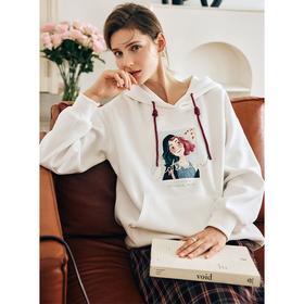 OLrain欧芮儿法式白色连帽卫衣女早春2023年新款宽松慵懒印花上衣