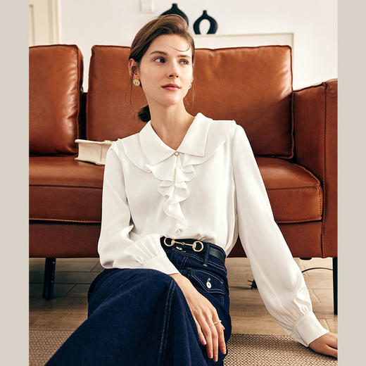 OLrain欧芮儿法式缎面蕾丝雪纺衫女早春2023年新款荷叶领甜美小衫 商品图2