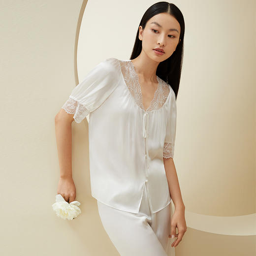 金三塔真丝睡衣蕾丝相拼睡衣100%桑蚕丝时尚家居服套装女春夏  YSFDA207 商品图1