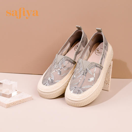 Safiya/索菲娅 舒适休闲一脚蹬2023年春季新款透气网面蕾丝厚底渔夫鞋 SF31111132 商品图2
