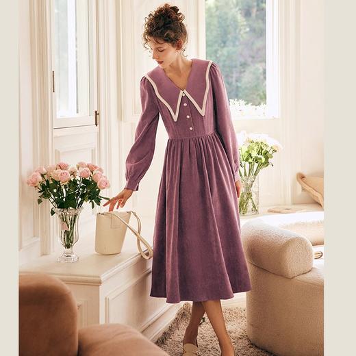 OLrain欧芮儿法式灯芯绒连衣裙女早春2023新款收腰大翻领撞色裙子 商品图0