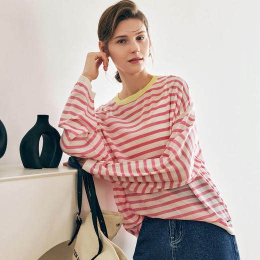OLrain欧芮儿法式粉色条纹针织衫女早春2023新款宽松慵懒休闲上衣 商品图3